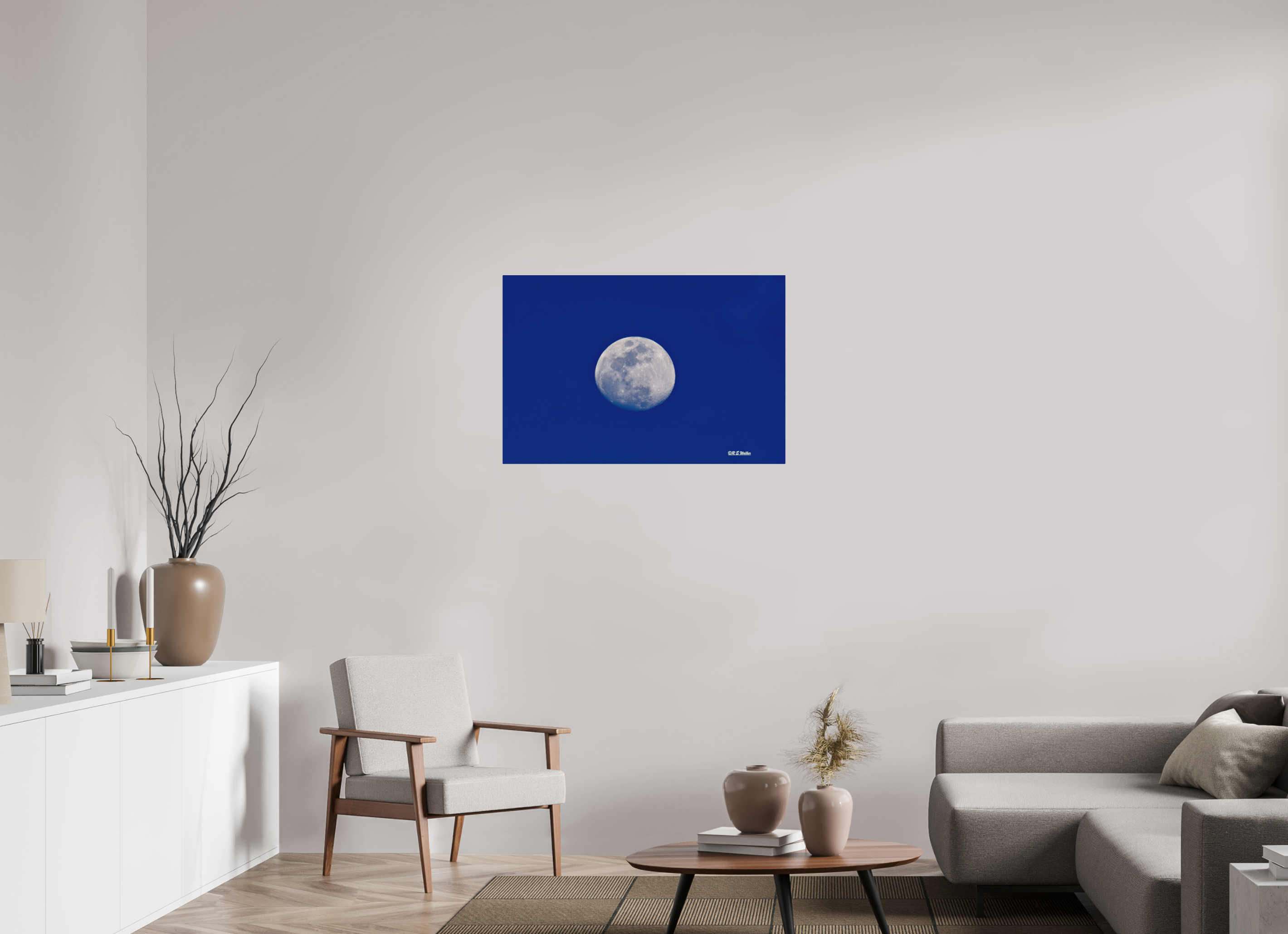 36 x 24″, Aluminum Moon on blue background