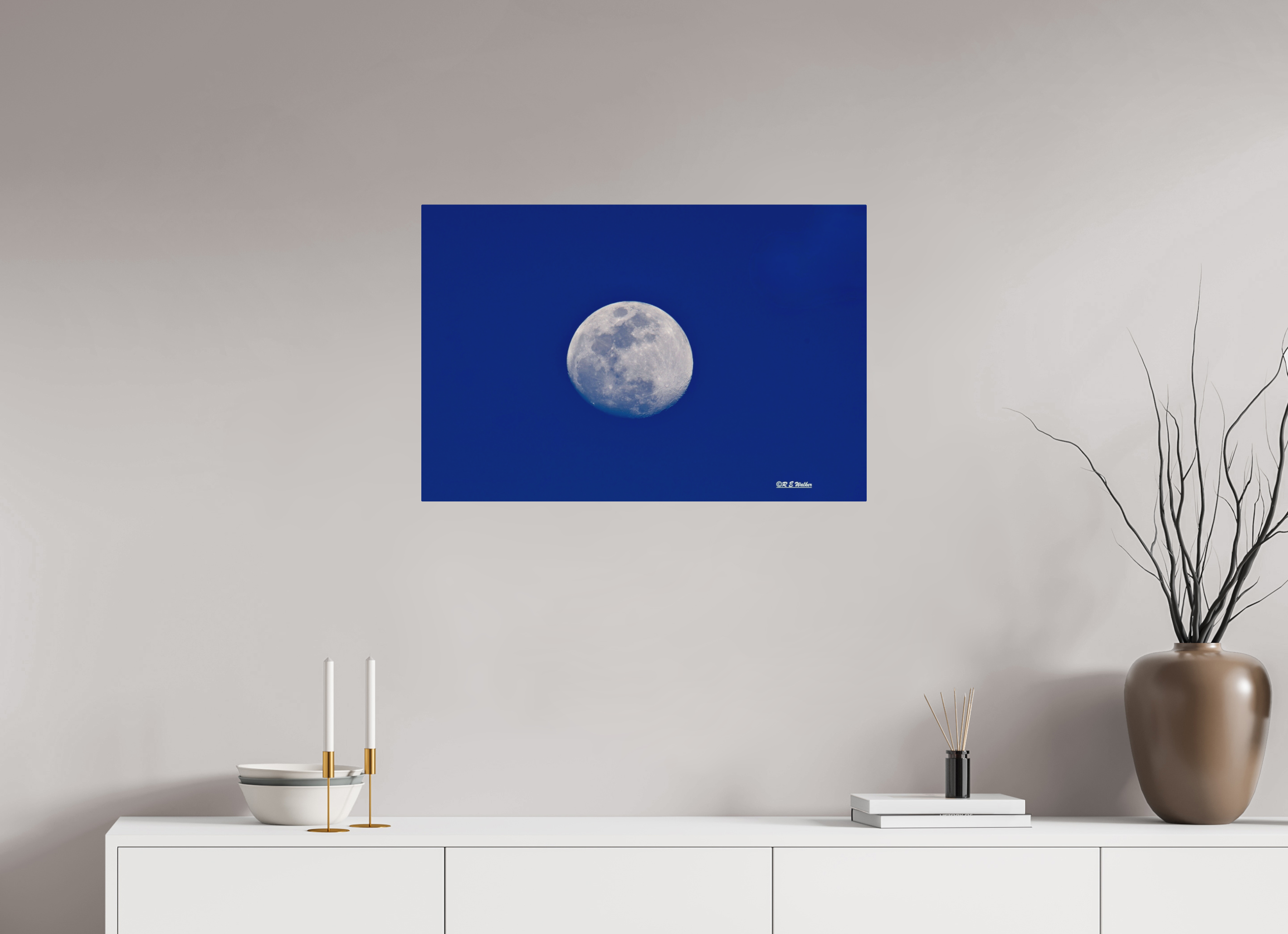 30 x 20″, Aluminum Moon on blue background