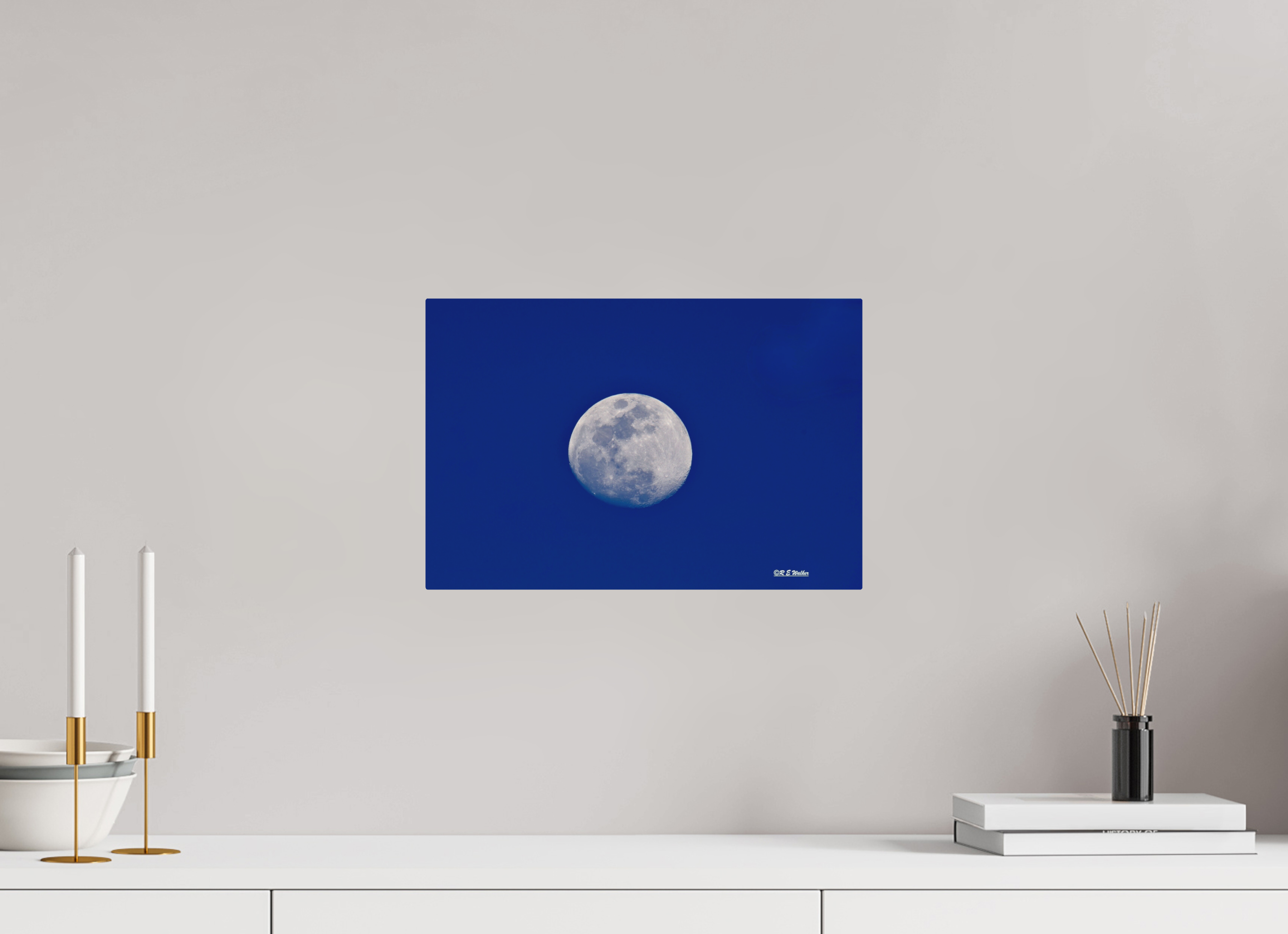 15 x 10″, Aluminum Moon on blue background