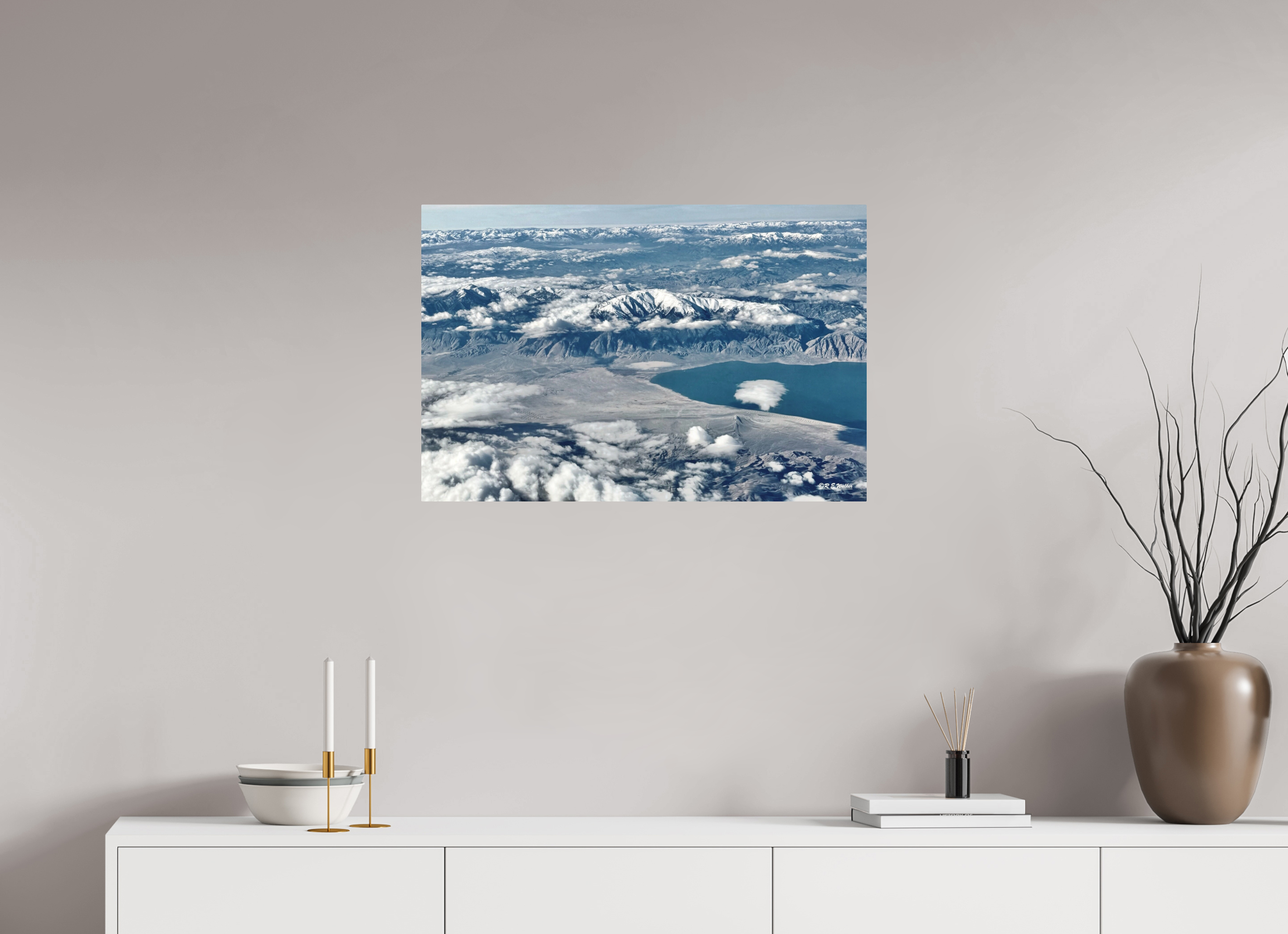30 x 20″, Aluminum Site from plane, mountain and lake