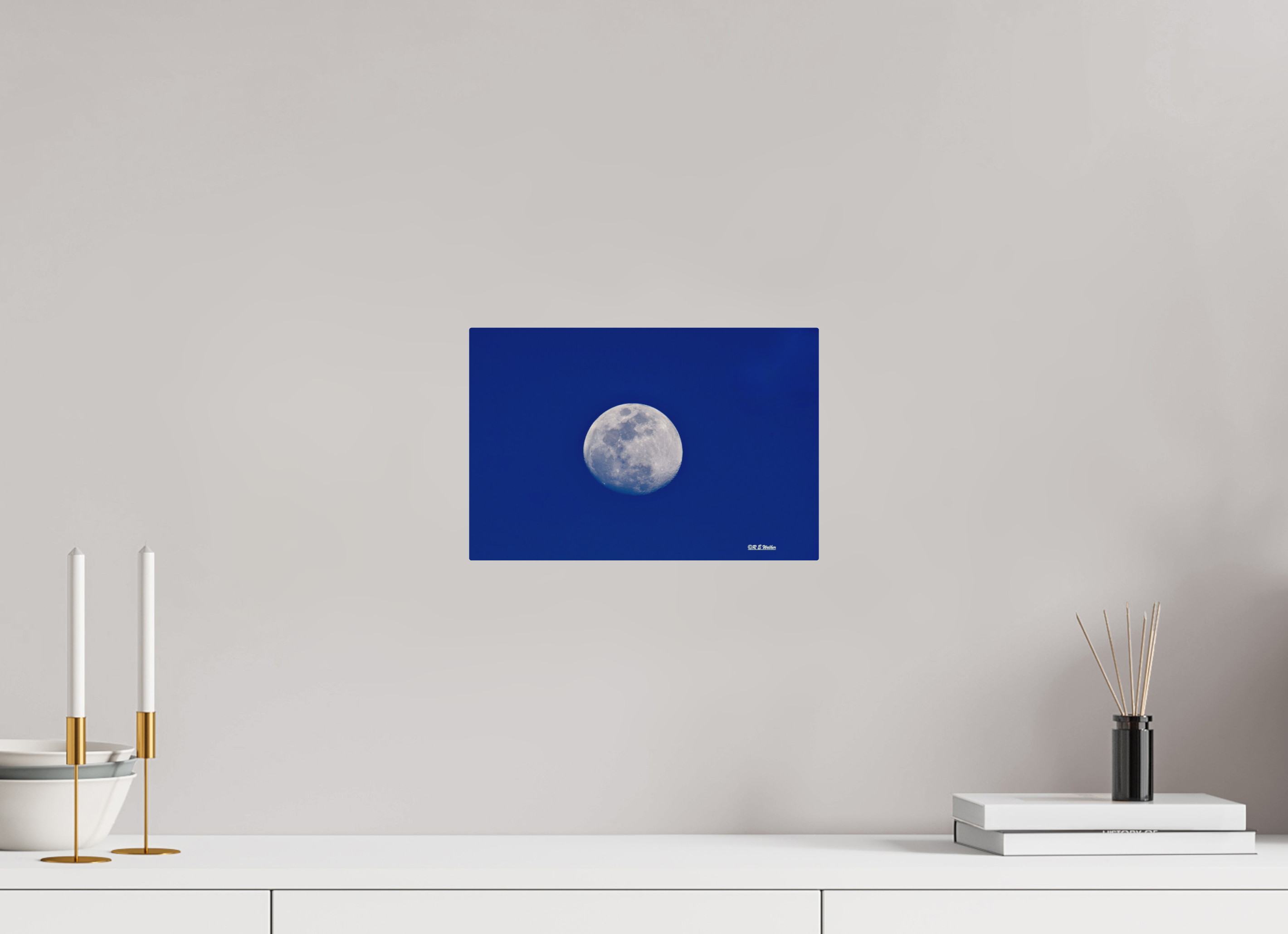 12 x 8″, Aluminum Moon on blue background