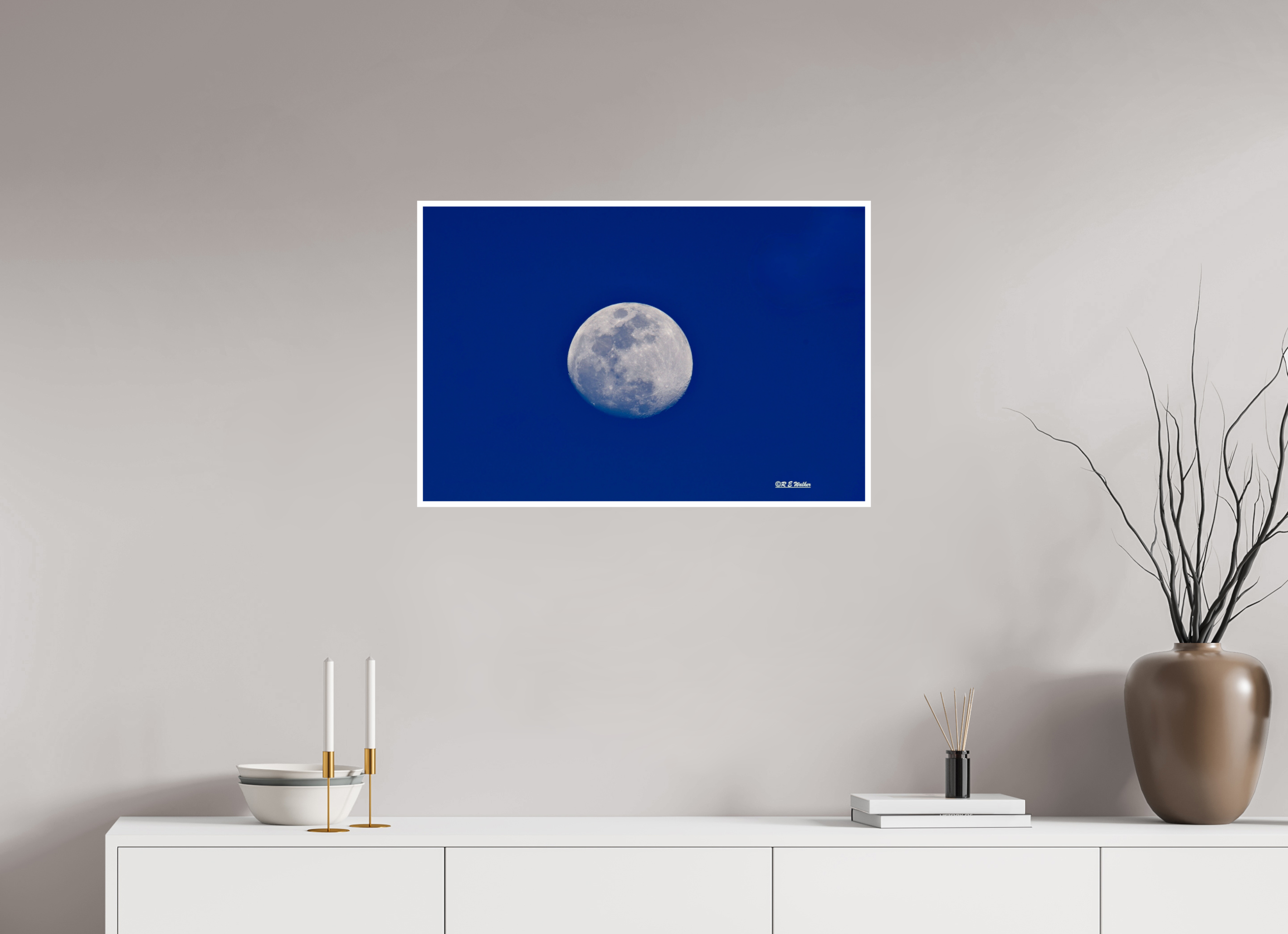 30 x 20″, Print with 0.4in white border Moon on blue background