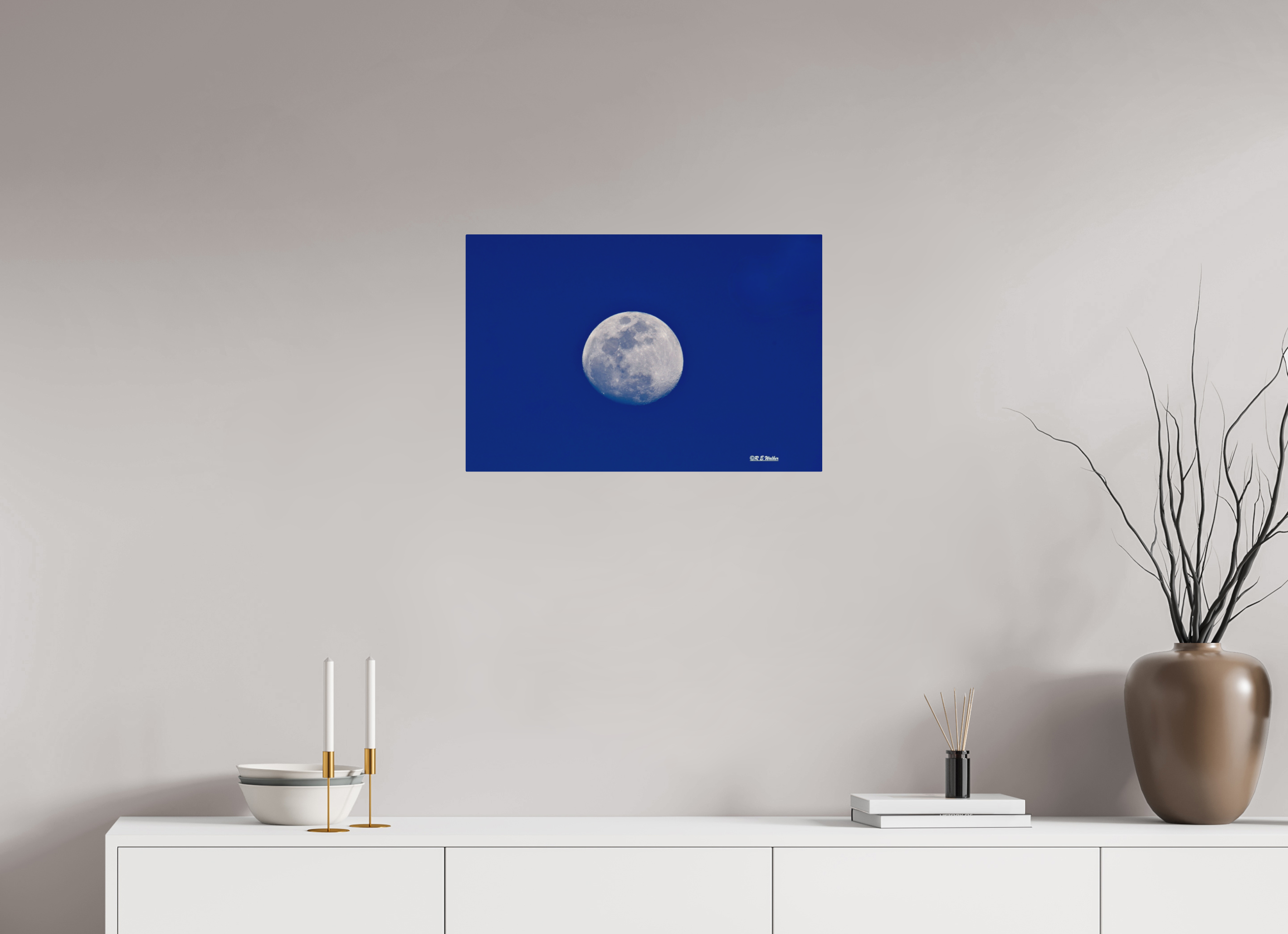 24 x 16″, Aluminum Moon on blue background