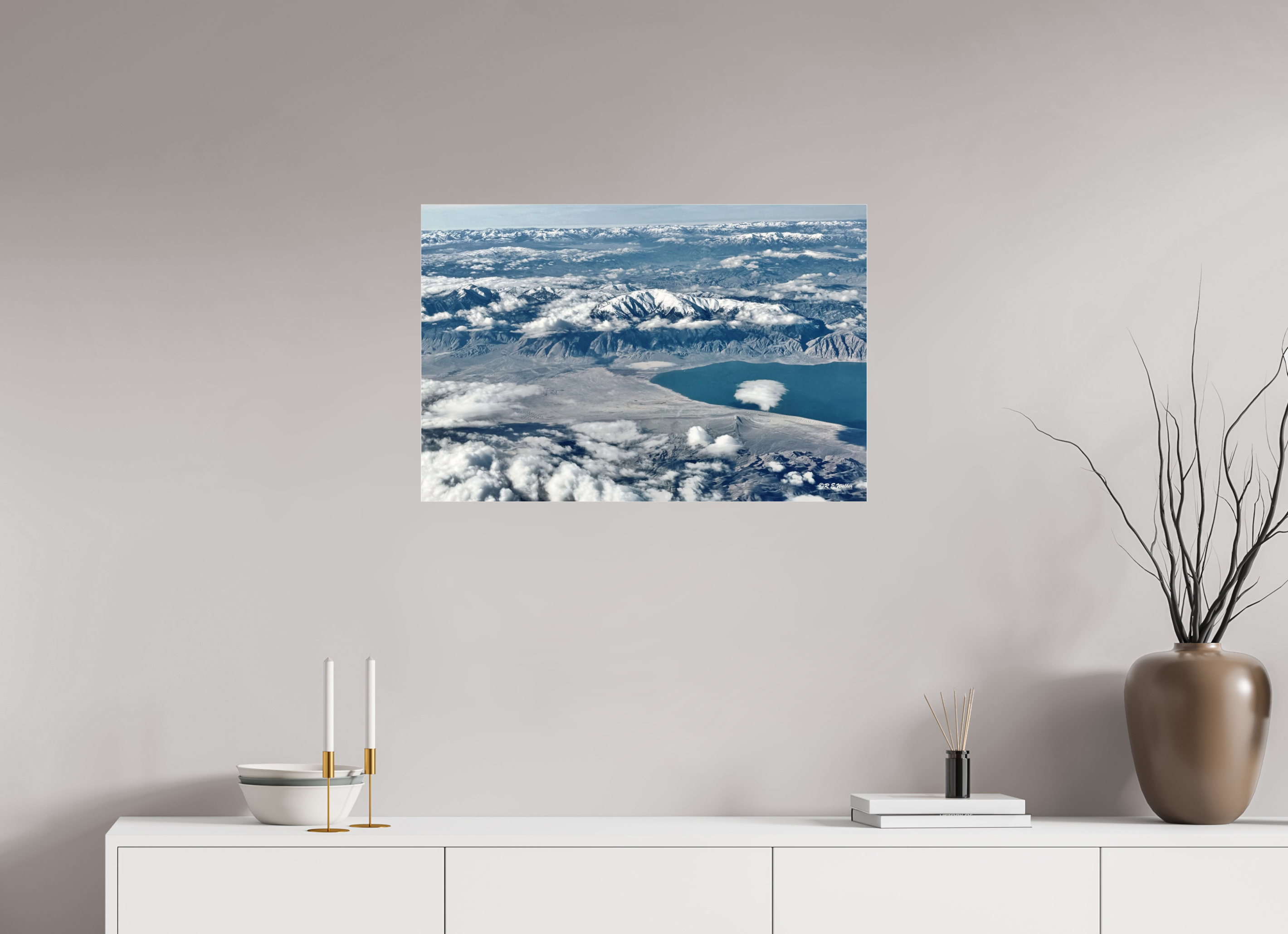 30 x 20″, acrylic-noframe-glossy Site from plane, mountain and lake