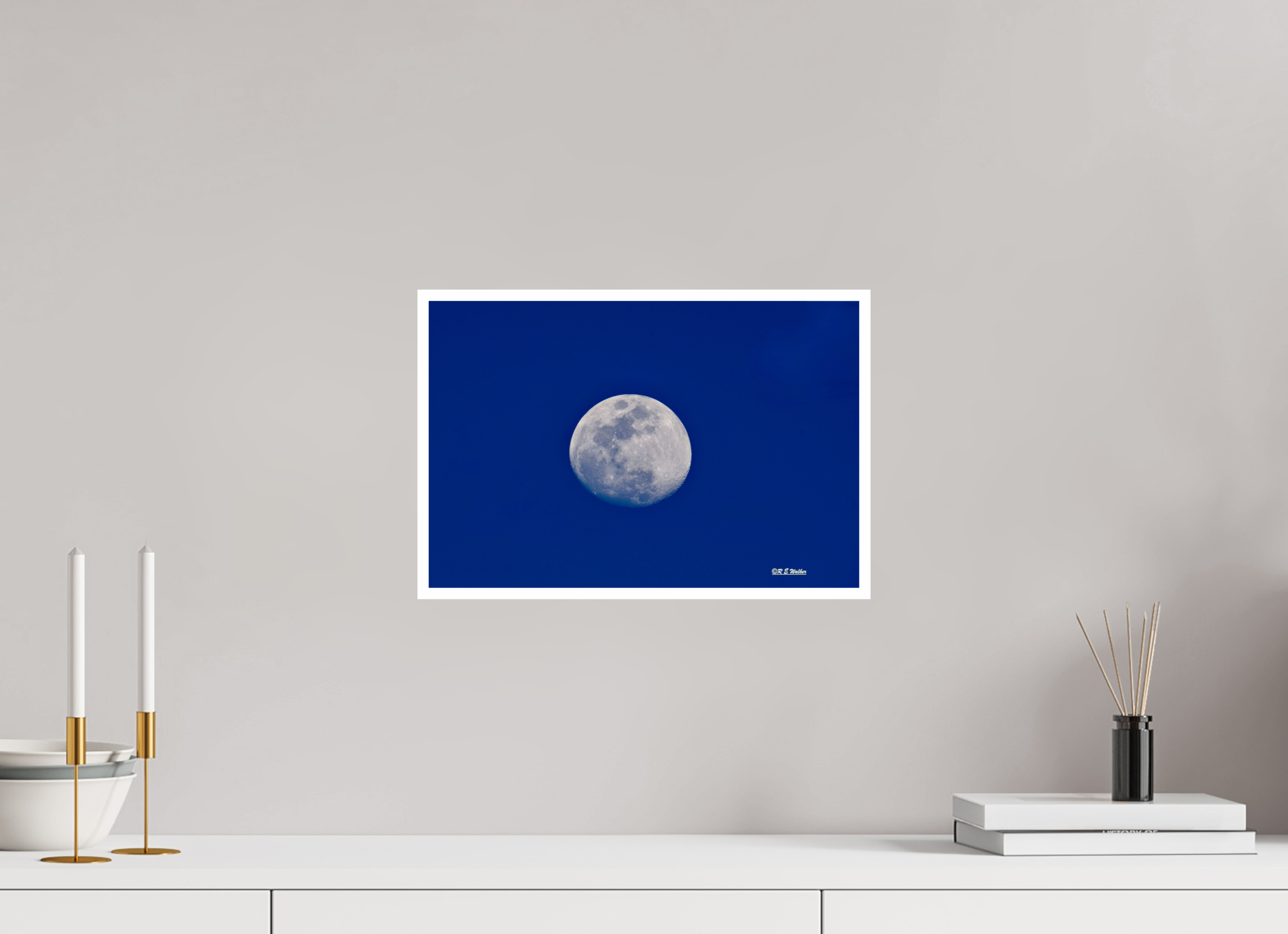 15 x 10″, Print with 0.4in white border Moon on blue background