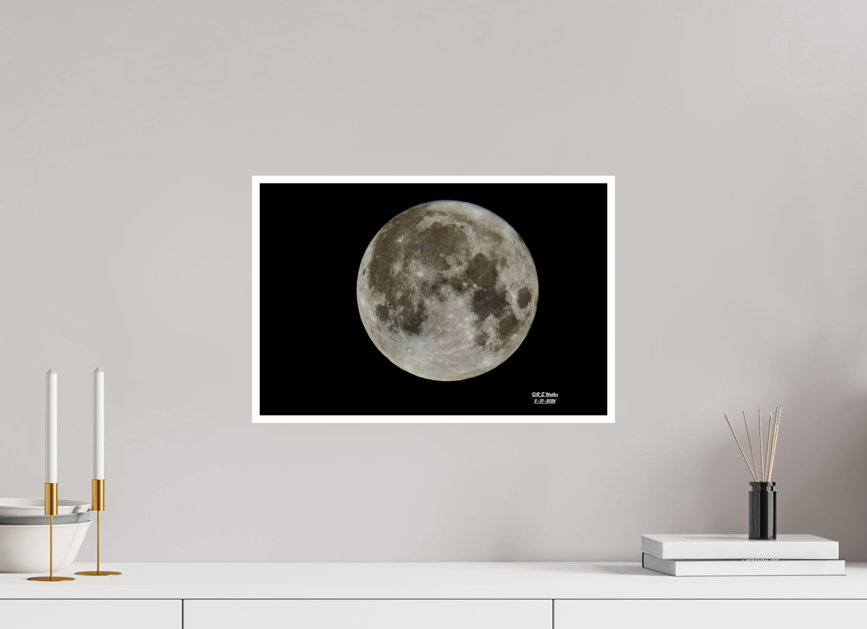 18 x 12″, Print with 0.4in white border Moon on Black Background