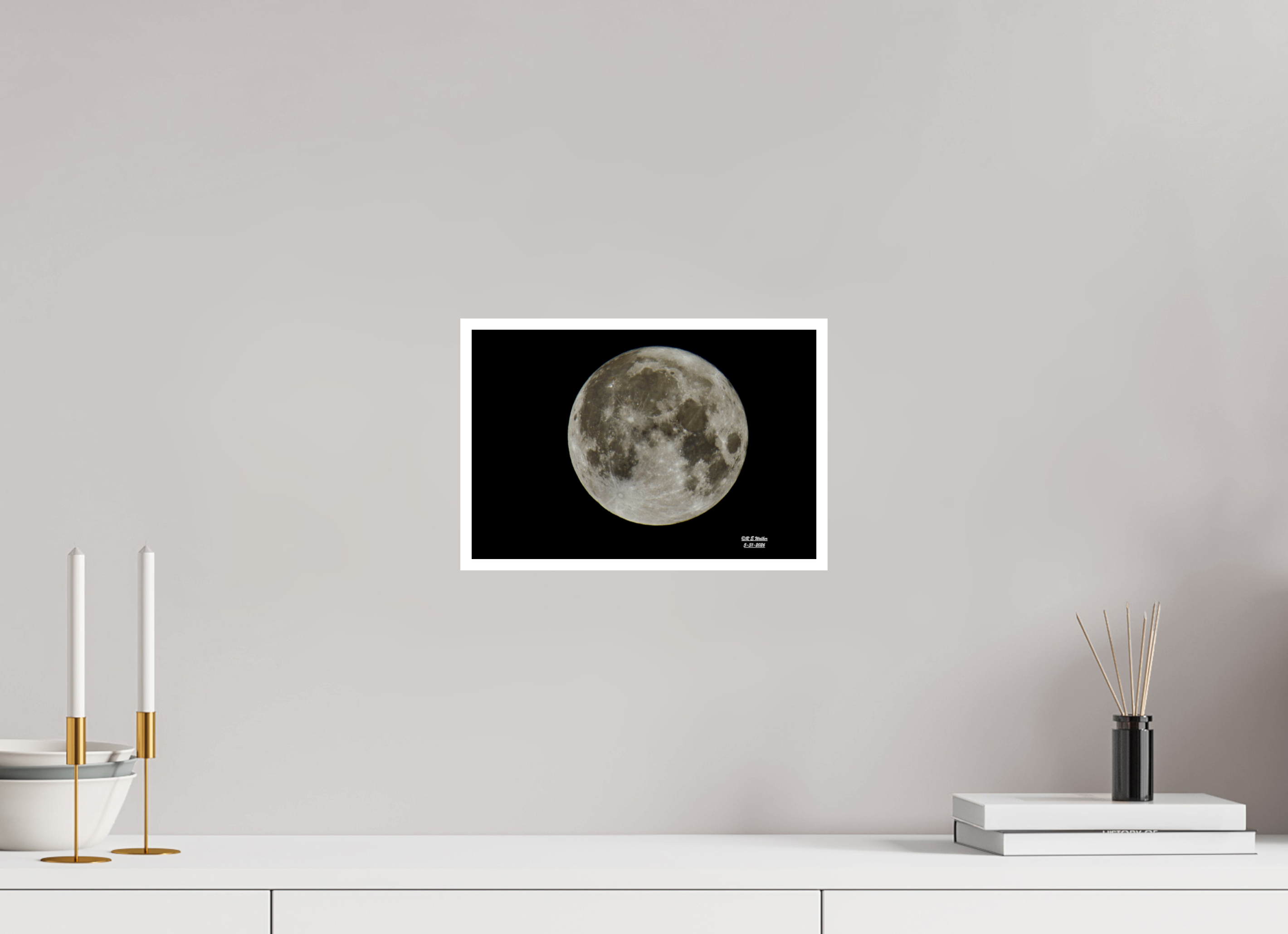 12 x 8″, Print with 0.4in white border Moon on Black Background