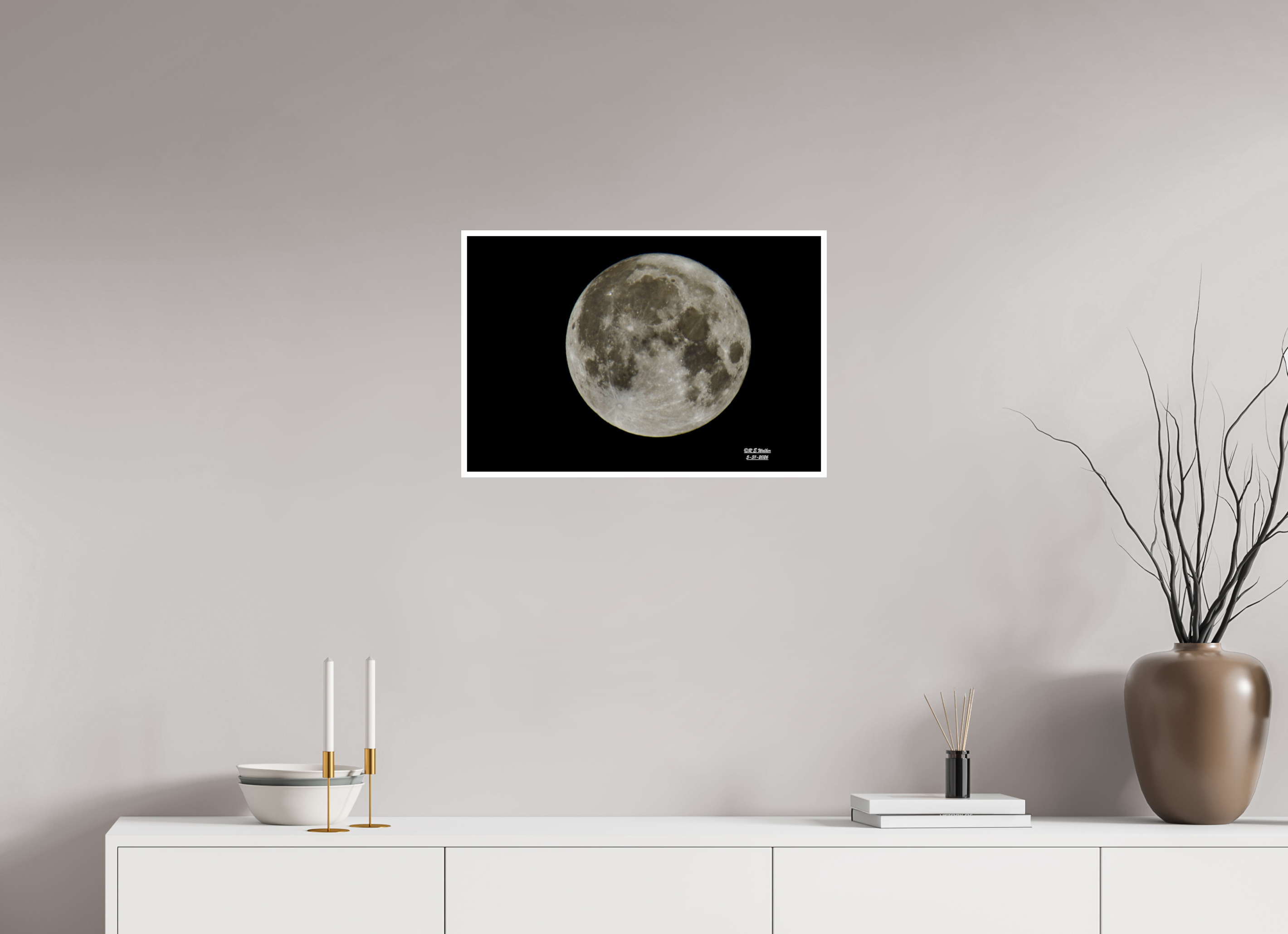 24 x 16″, Print with 0.4in white border Moon on Black Background